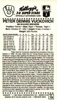 1983 Kellogg's 3-D Super Stars #19 Pete Vuckovich Back