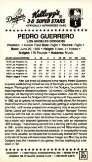 1983 Kellogg's 3-D Super Stars #20 Pedro Guerrero Back