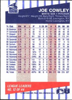 1987 Fleer League Leaders #12 Joe Cowley Back