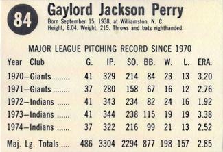 1975 Hostess #84 Gaylord Perry  Back