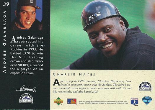 1994 Upper Deck All-Star Jumbos - Gold #39 Andres Galarraga / Charlie Hayes Back