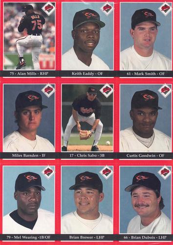 1994 Baltimore Orioles Program Cards - Uncut Sheets #NNO Alan Mills / Keith Eaddy / Mark Smith / Miles Barnden / Chris Sabo / Curtis Goodwin / Mel Wearing / Brian Brewer / Brian DuBois Front