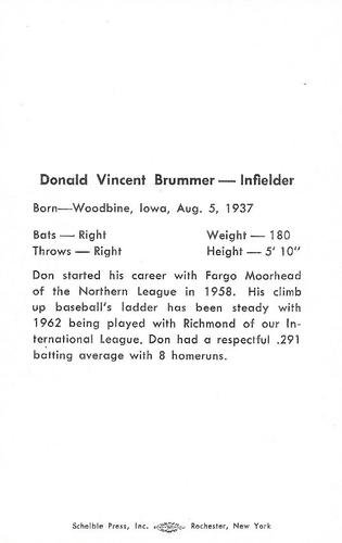 1963 Scheible Press Rochester Red Wings #NNO Donald Brummer Back