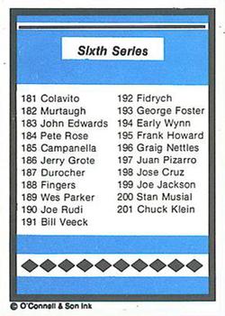 1984-89 O'Connell and Son Ink #NNO Sixth Series Checklist (181-201) Front