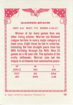 1984-85 Sports Design Products #19 Warren Spahn Back