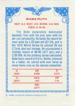 1984-85 Sports Design Products #47 Babe Ruth Back