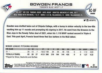 2022 Topps Chrome Update - Autographs #AC-BF Bowden Francis Back