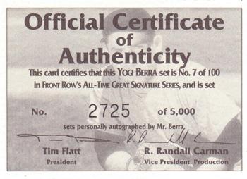 1992 Front Row All-Time Greats Yogi Berra - Signature Series #NNO Certificate of Authenticity Front