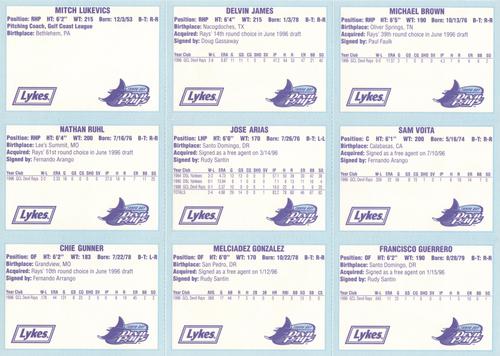 1996 Tampa Bay Devil Rays A Team is Born - Panels #NNO Mitch Lukevics / Nathan Ruhl / Chie Gunner / Delvin James / Jose Arias / Melciadez Gonzalez / Michael Brown / Sam Voita / Francisco Guerrero Back