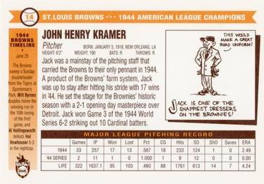 1996 St. Louis Browns Historical Society #14 Jack Kramer Back