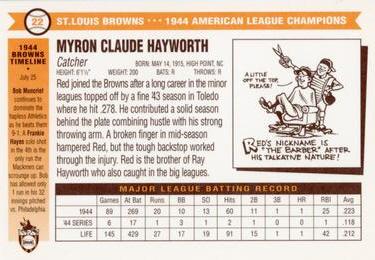 1996 St. Louis Browns Historical Society #22 Red Hayworth Back