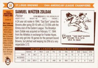 1996 St. Louis Browns Historical Society #34 Sam Zoldak Back