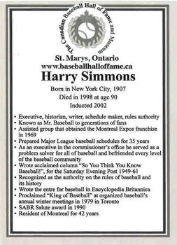 2002-23 Canadian Baseball Hall of Fame #NNO Harry Simmons Back
