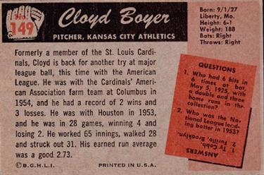 1955 Bowman #149 Cloyd Boyer Back