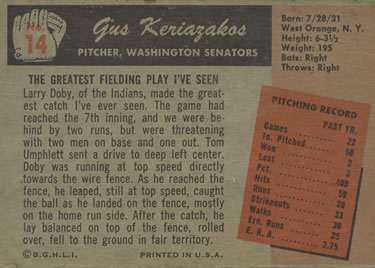 1955 Bowman #14 Gus Keriazakos Back