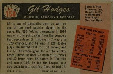 1955 Bowman #158 Gil Hodges Back