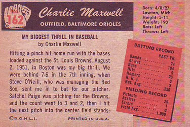 1955 Bowman #162 Charlie Maxwell Back