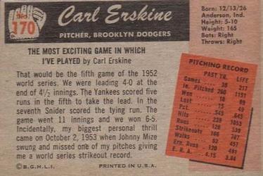 1955 Bowman #170 Carl Erskine Back