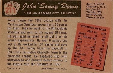 1955 Bowman #211 Sonny Dixon Back