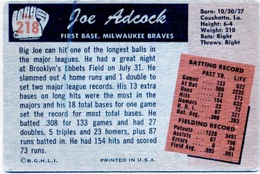 1955 Bowman #218 Joe Adcock Back