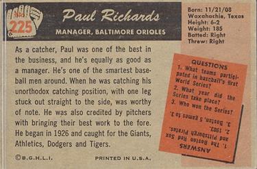 1955 Bowman #225 Paul Richards Back