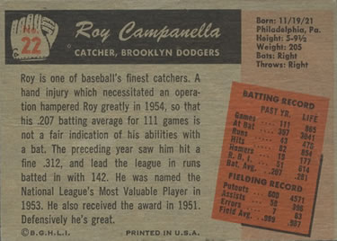 1955 Bowman #22 Roy Campanella Back