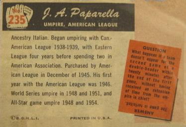 1955 Bowman #235 J.A. Paparella Back