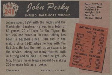 1955 Bowman #241 Johnny Pesky Back