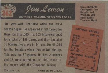1955 Bowman #262 Jim Lemon Back
