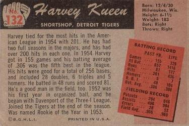 1955 Bowman #132 Harvey Kuenn Back