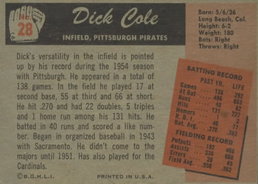1955 Bowman #28 Dick Cole Back