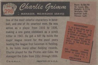 1955 Bowman #298 Charlie Grimm Back