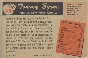 1955 Bowman #300 Tommy Byrne Back