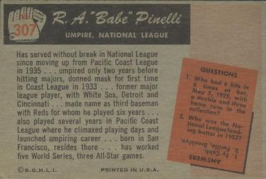 1955 Bowman #307 Babe Pinelli Back