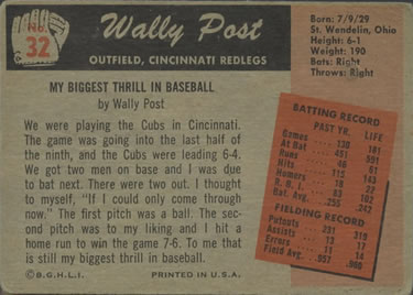 1955 Bowman #32 Wally Post Back