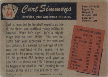 1955 Bowman #64 Curt Simmons Back