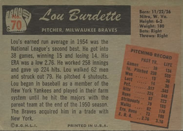 1955 Bowman #70 Lew Burdette Back