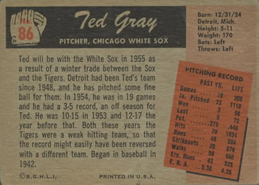 1955 Bowman #86 Ted Gray Back