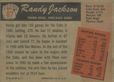 1955 Bowman #87 Randy Jackson Back