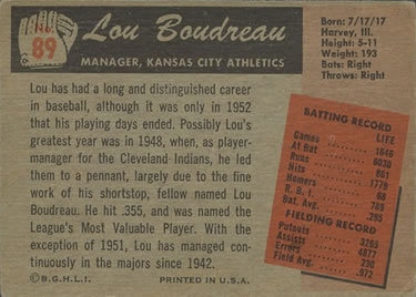 1955 Bowman #89 Lou Boudreau Back