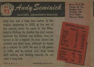 1955 Bowman #93 Andy Seminick Back
