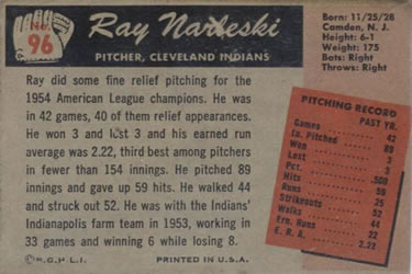 1955 Bowman #96 Ray Narleski Back