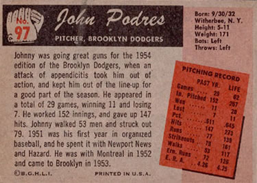 1955 Bowman #97 John Podres Back