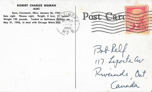 1956 Baltimore Orioles Biography Photocards #NNO Robert Charles Nieman Back