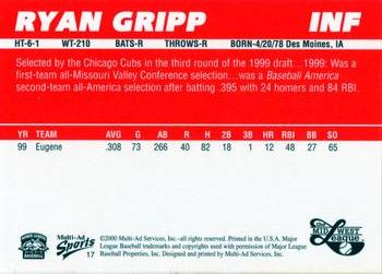 2000 Multi-Ad Midwest League Top Prospects (Numbered Oval Logo) #17 Ryan Gripp Back