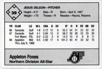 1988 Grand Slam Midwest League All-Stars - No MLB Logo #39 Jesus Deleon Back