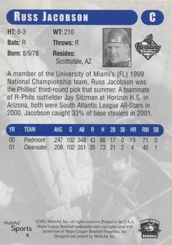 2002 MultiAd Reading Phillies Update #9 Russ Jacobson Back