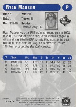 2002 MultiAd Reading Phillies Update #13 Ryan Madson Back