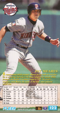 1994 Fleer Extra Bases #122 Pat Meares Back