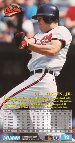 1994 Fleer Extra Bases #12 Cal Ripken Jr. Back